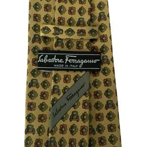 Salvatore Ferragamo Mens Tie Cab Cars Geometric Yellow Silk 3.75" (W) 59.25" (L)